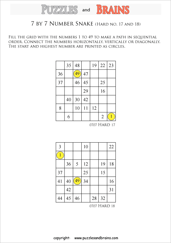 printable hard level 7 by 7 grid hidato number snake logic puzzles for