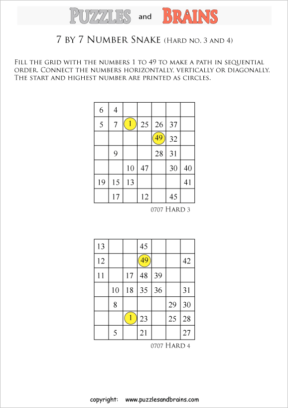 Printable hard level 7 by 7 grid Hidato Number Snake logic puzzles for