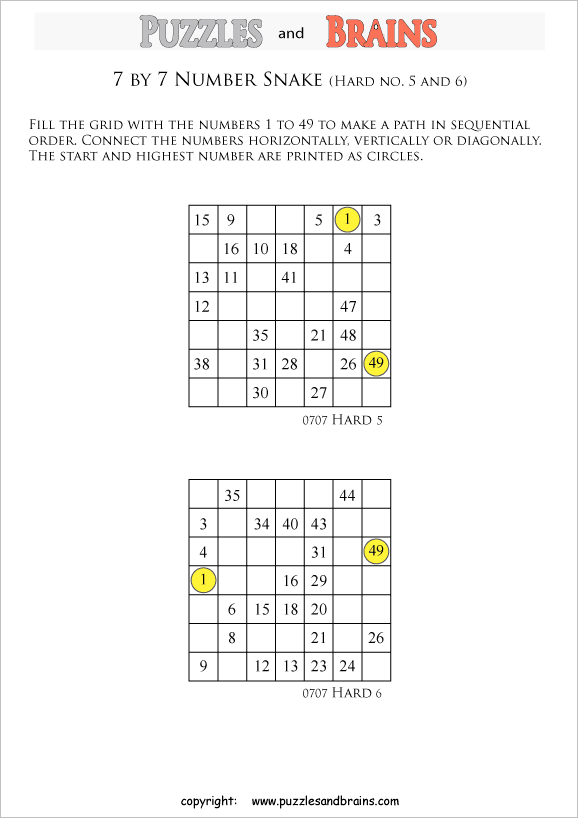 printable difficult 7 by 7 Hidato Number Snake puzzles for young and old