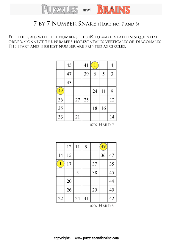 printable difficult 7 by 7 Hidato Number Snake puzzles for young and old