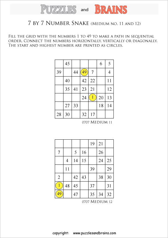 printable medium 7 by 7 Hidato Number Snake puzzles for young and old