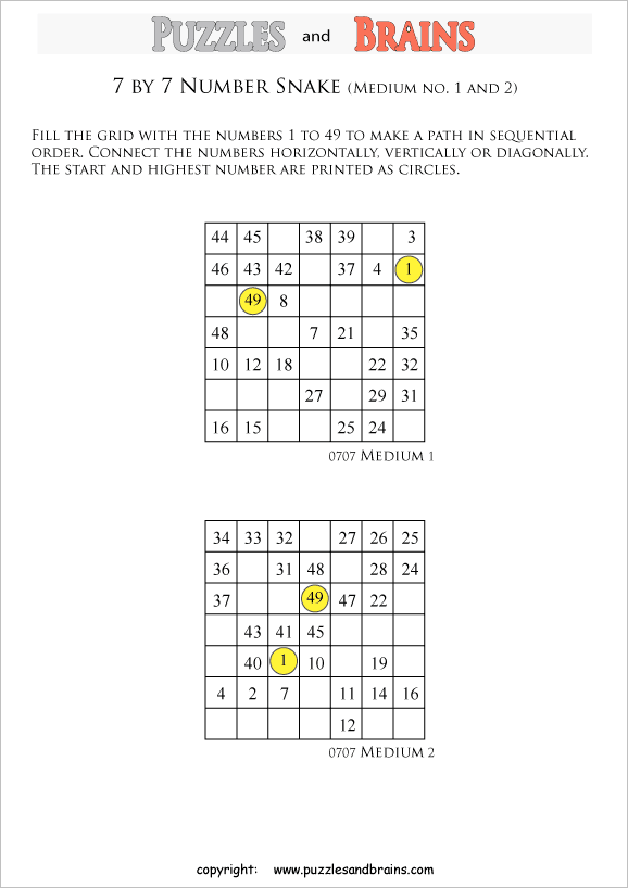 printable medium 7 by 7 hidato number snake puzzles for