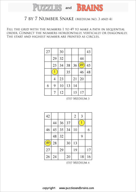 printable medium 7 by 7 Hidato Number Snake puzzles for young and old