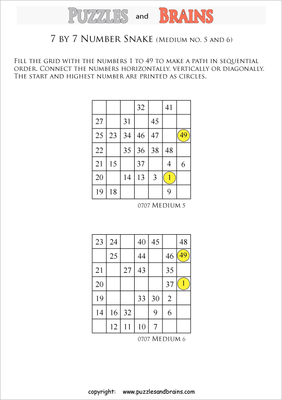 printable medium level 7 by 7 grid hidato number snake