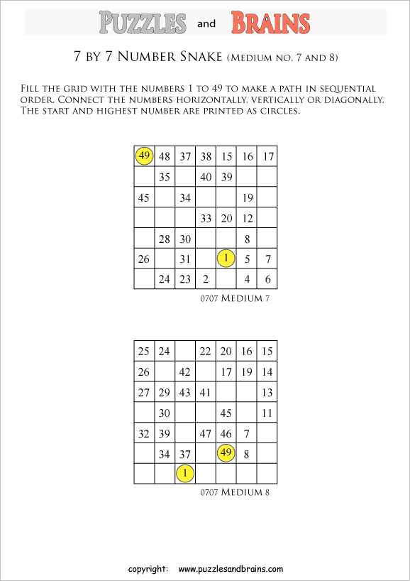 printable medium 7 by 7 hidato number snake puzzles for