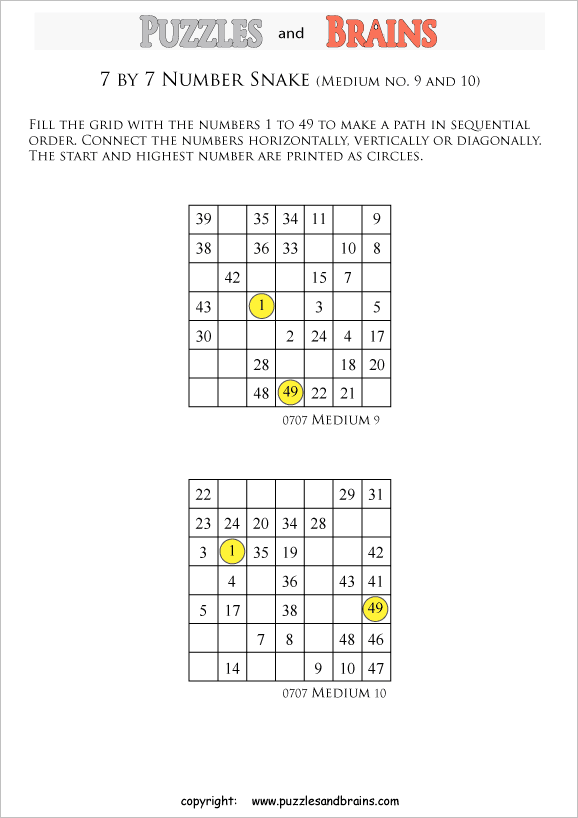 printable medium 7 by 7 Hidato Number Snake puzzles for young and old