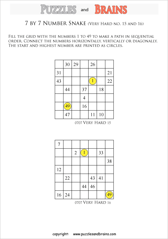 printable very difficult 7 by 7 Hidato Number Snake puzzles for young and old