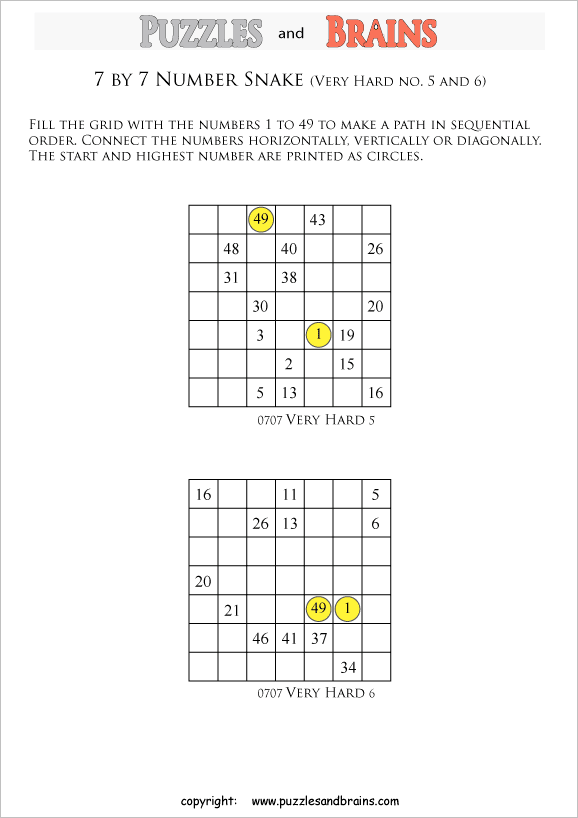 printable very difficult 7 by 7 Hidato Number Snake puzzles for young and old