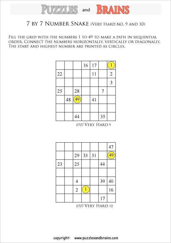 printable very difficult 7 by 7 Hidato Number Snake puzzles for young and old