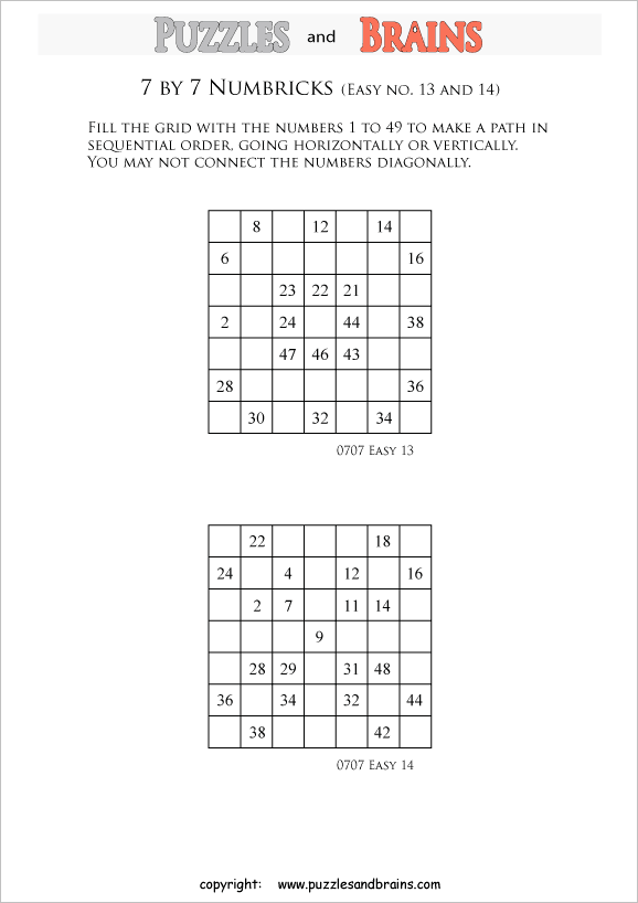 Printable easier level 7 by 7 grid Numbrix Number Snake logic puzzles