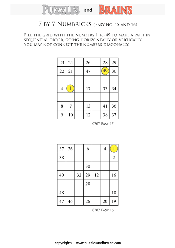 printable easier 7 by 7 Numbrix Number Snake puzzles for young and old