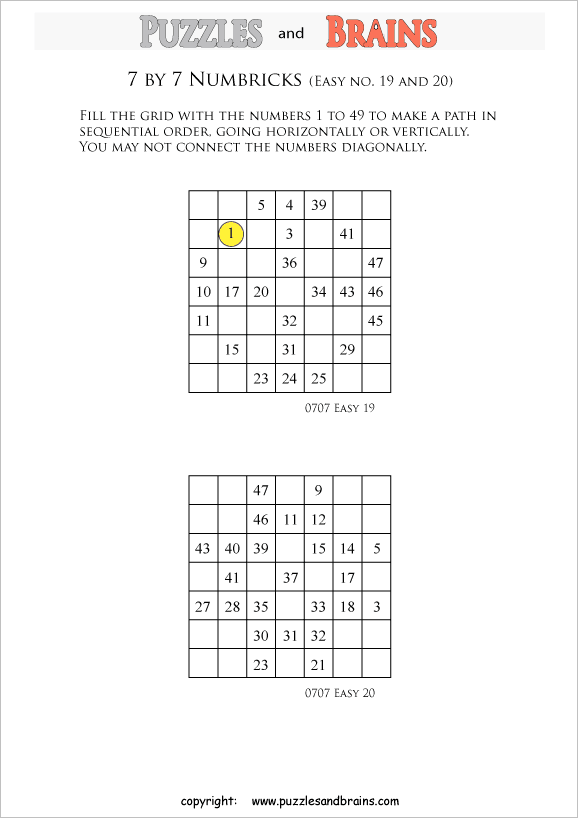 Printable easier level 7 by 7 grid Numbrix Number Snake logic puzzles