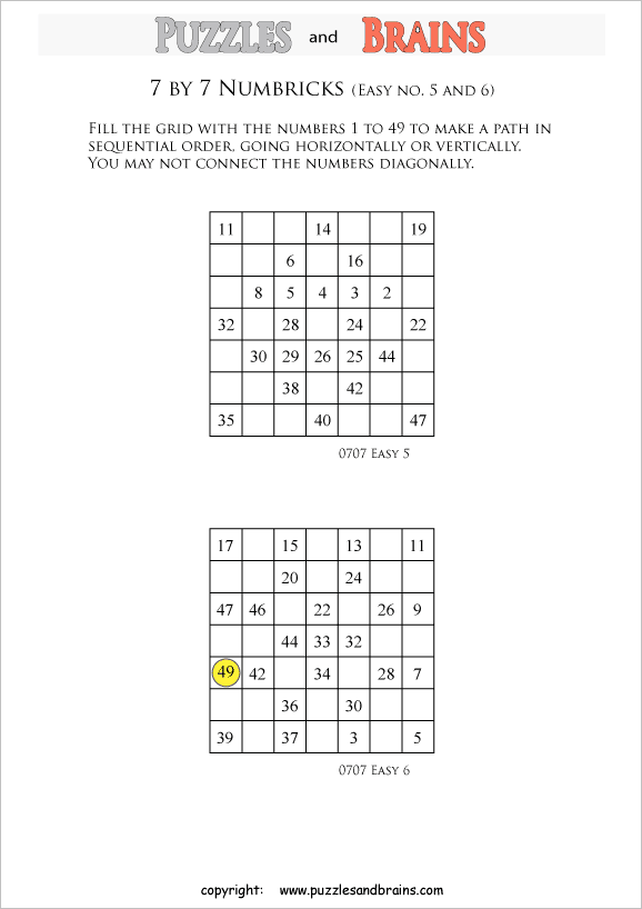 printable easier 7 by 7 Numbrix Number Snake puzzles for young and old