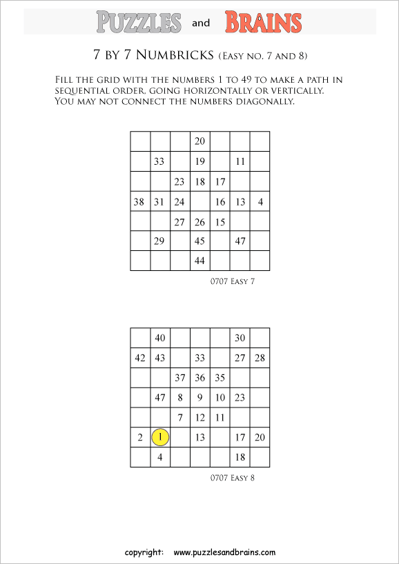 printable easier 7 by 7 numbrix number snake puzzles for