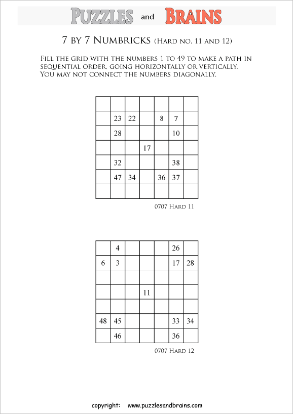 Printable 7 by 7 difficult level Numbrix logic puzzles for kids and adults