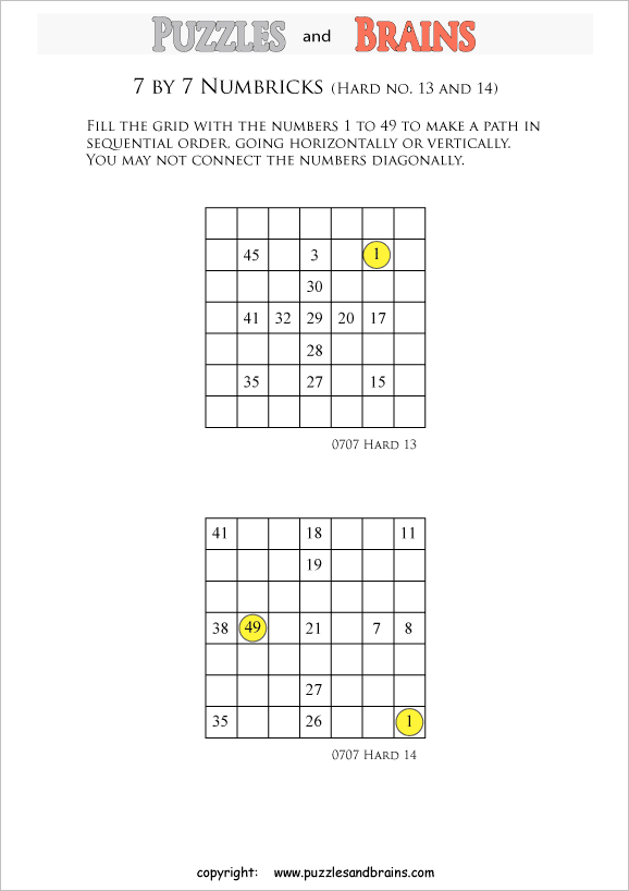 printable 7 by 7 difficult level Numbrix logic IQ puzzles