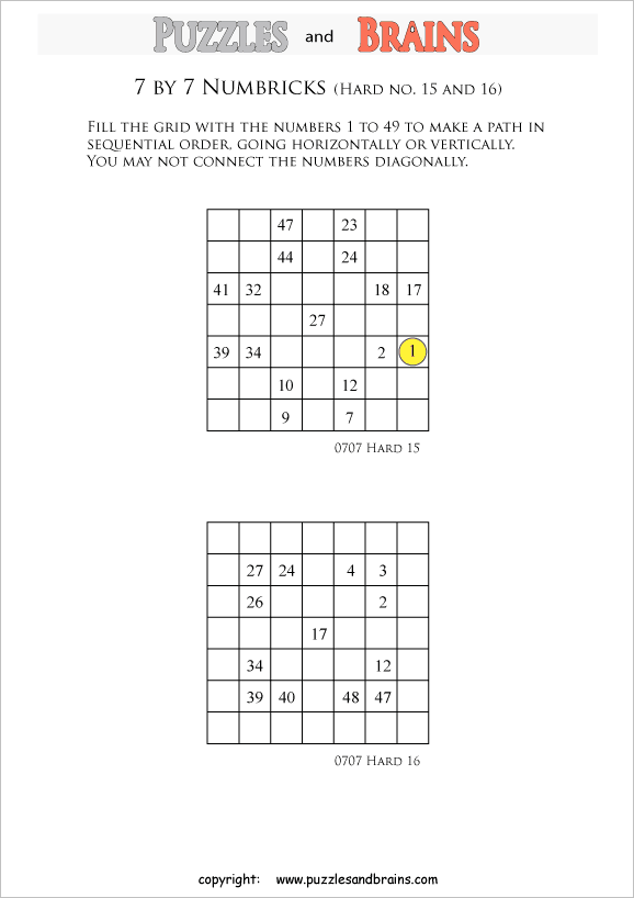 printable 7 by 7 difficult level Numbrix logic IQ puzzles