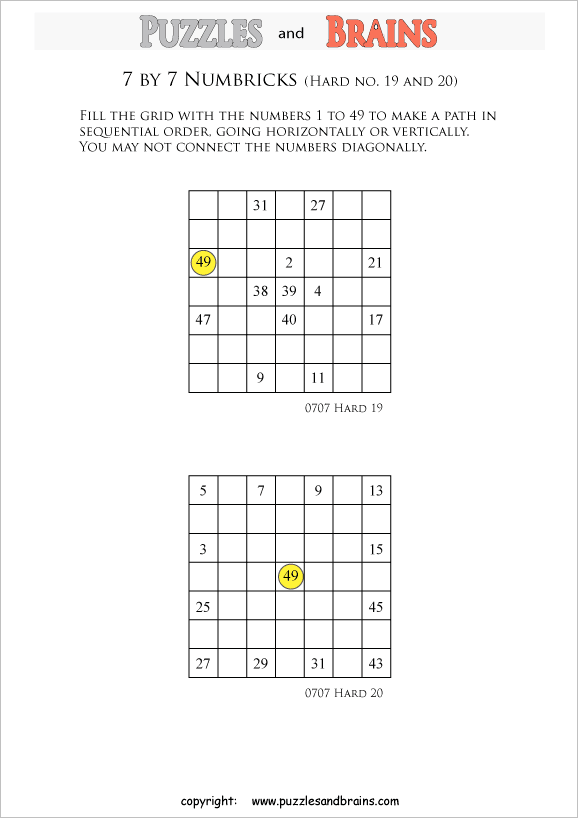 printable 7 by 7 difficult level Numbrix logic IQ puzzles