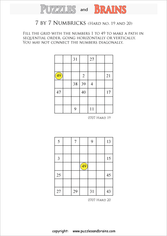 printable 7 by 7 difficult level numbrix logic iq puzzles