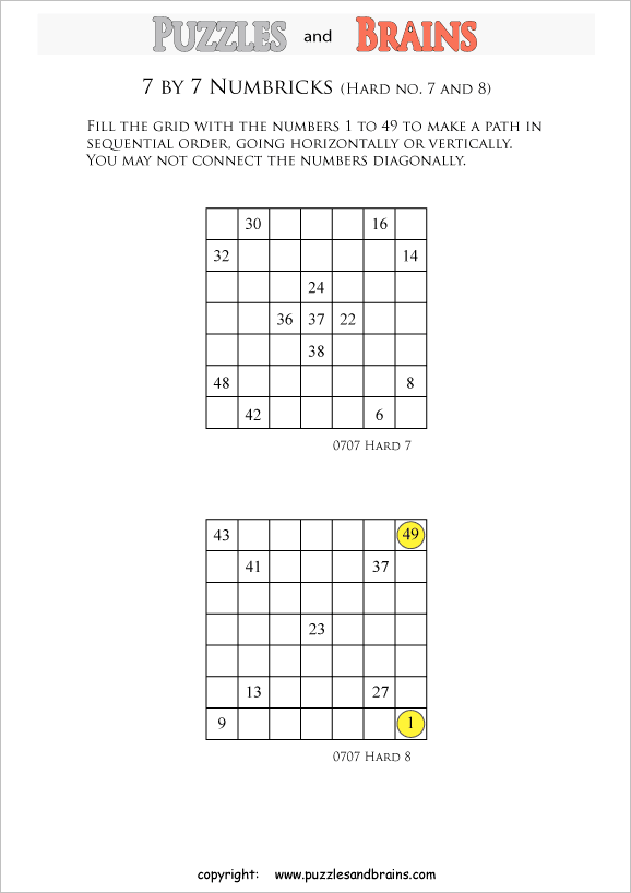 Printable 7 by 7 difficult level Numbrix logic puzzles for kids and adults