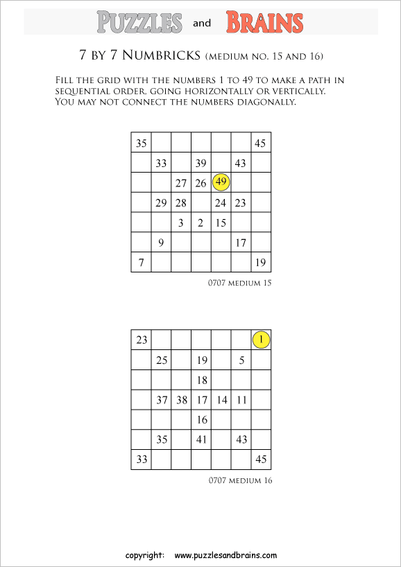 printable 7 by 7 medium level Numbrix logic IQ puzzles