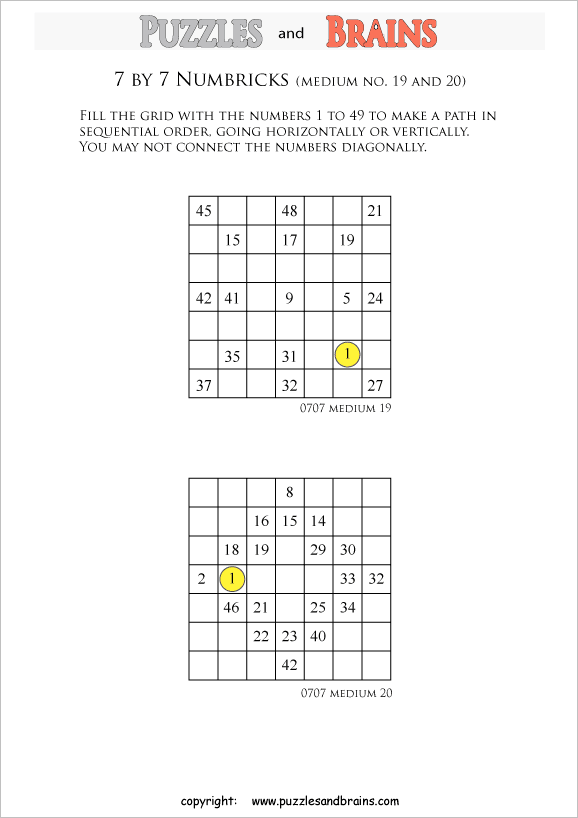 printable 7 by 7 medium level Numbrix logic IQ puzzles