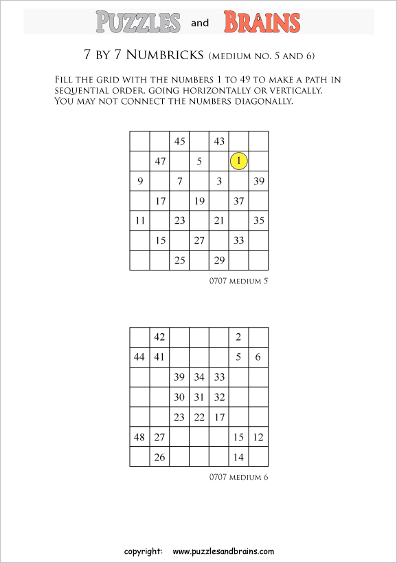 printable 7 by 7 medium level numbrix logic puzzles for