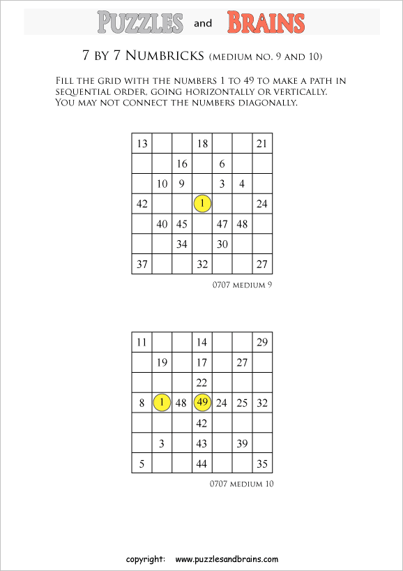 Printable 7 by 7 medium level Numbrix logic puzzles for kids and adults