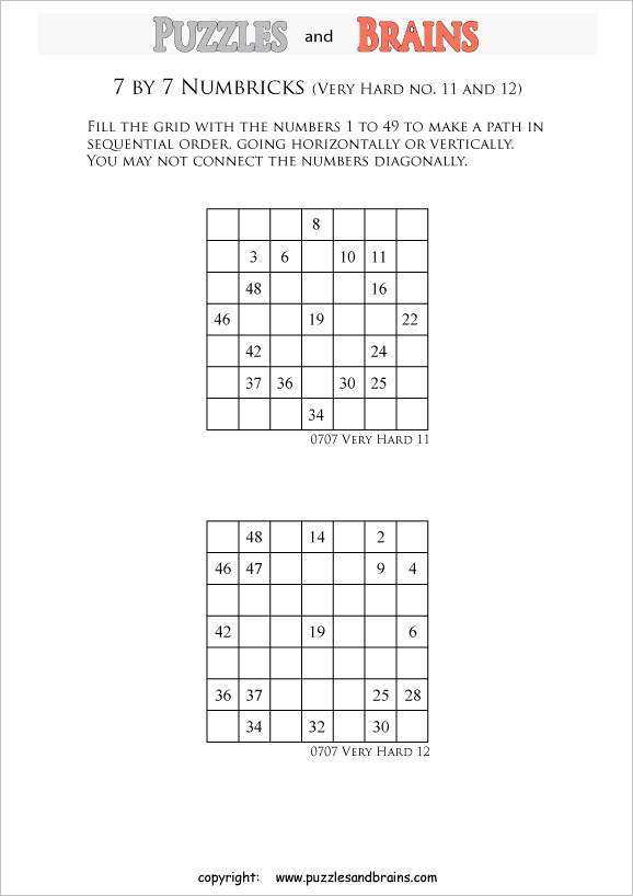 printable 7 by 7 very hard level Numbrix logic IQ puzzles