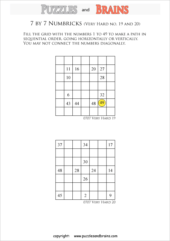 printable 7 by 7 very hard level Numbrix logic IQ puzzles