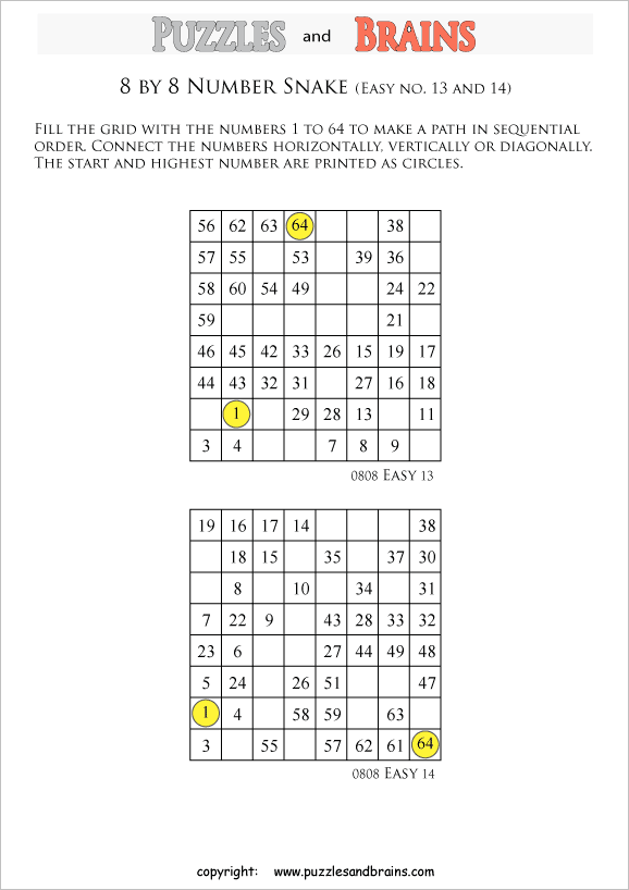 printable easier 8 by 8 hidato number snake puzzles for