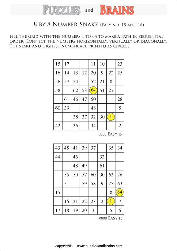 printable easier 8 by 8 hidato number snake puzzles for young and old