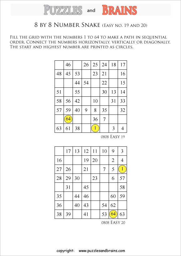 printable easier 8 by 8 hidato number snake puzzles for young and old