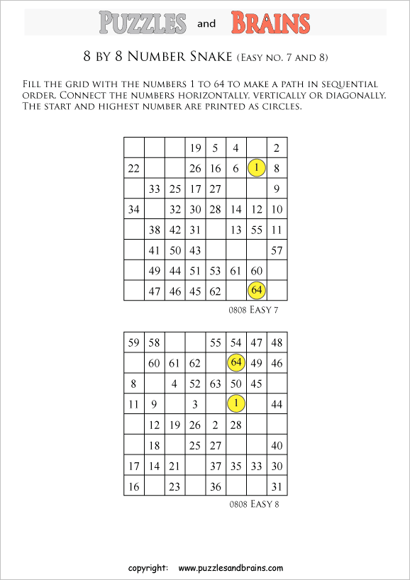 printable easier 8 by 8 grid hidato number snake logic puzzles for kids