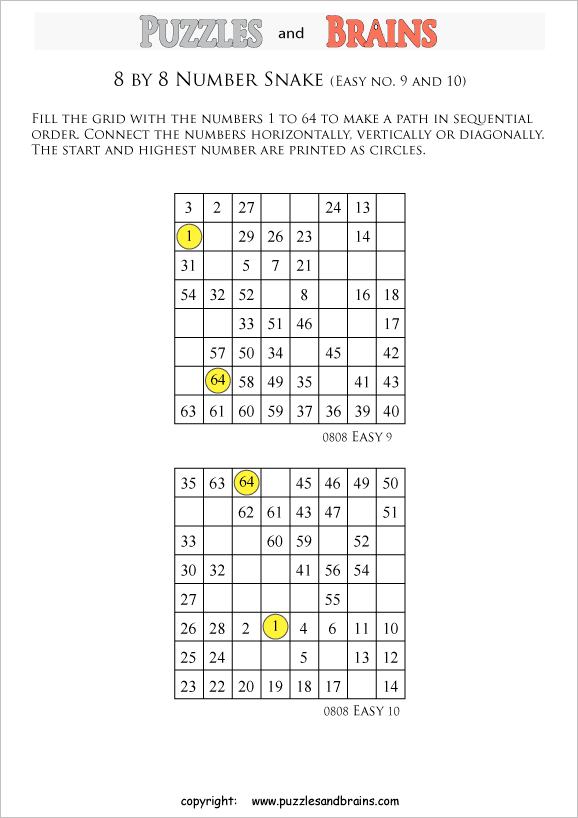 printable easier 8 by 8 Hidato Number Snake puzzles for young and old