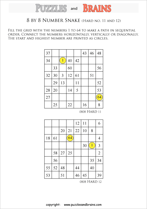 printable difficult 8 by 8 Hidato Number Snake puzzles for young and old