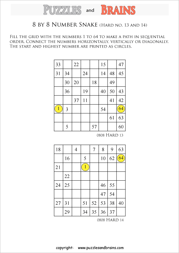 printable difficult 8 by 8 Hidato Number Snake puzzles for young and old