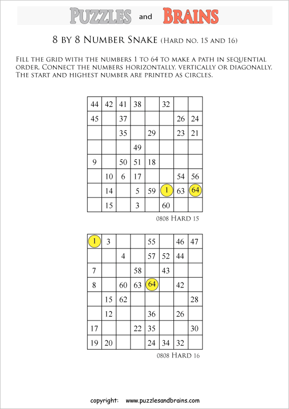 printable difficult 8 by 8 Hidato Number Snake puzzles for young and old