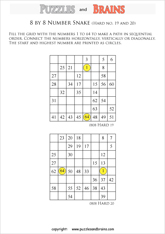 printable difficult 8 by 8 Hidato Number Snake puzzles for young and old