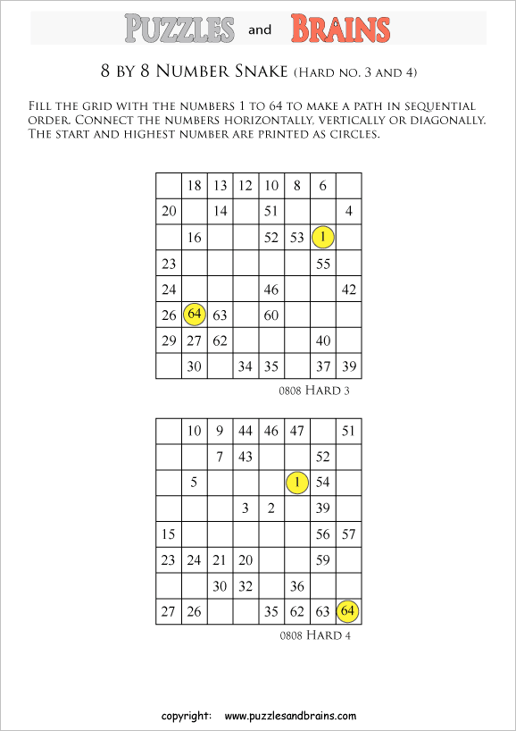 printable difficult 8 by 8 Hidato Number Snake puzzles for young and old