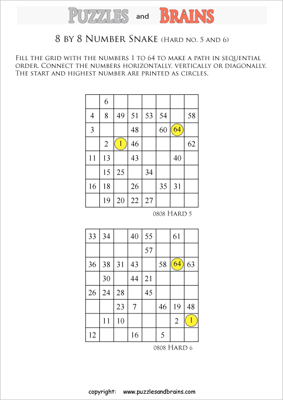 printable difficult 8 by 8 Hidato Number Snake puzzles for young and old