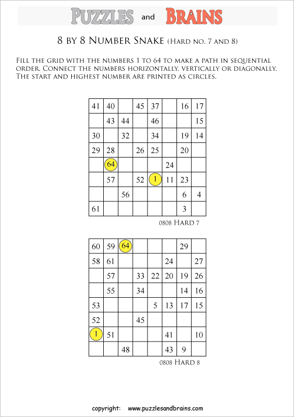 printable difficult 8 by 8 Hidato Number Snake puzzles for young and old