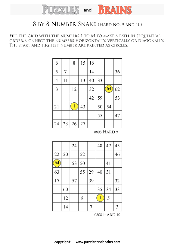 printable hard level 8 by 8 grid hidato number snake logic puzzles for