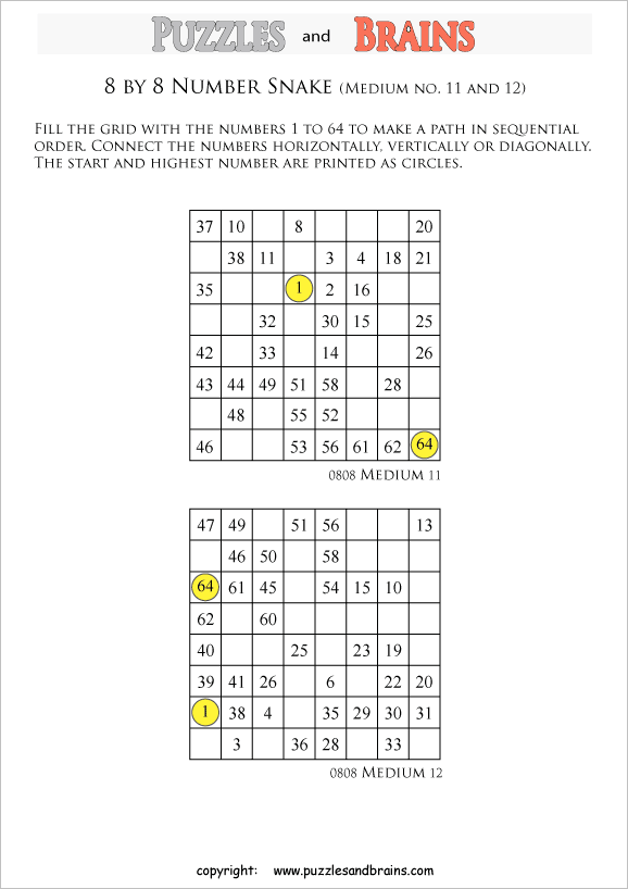 printable medium 8 by 8 hidato number snake puzzles for