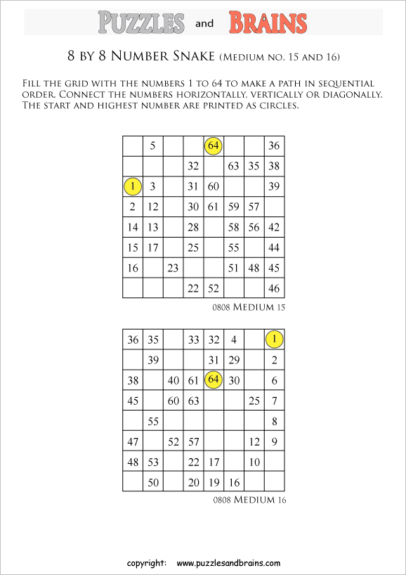 printable medium 8 by 8 Hidato Number Snake puzzles for young and old