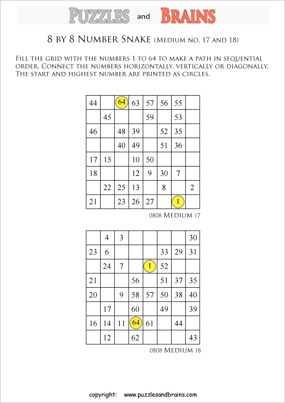 printable medium 8 by 8 Hidato Number Snake puzzles for young and old