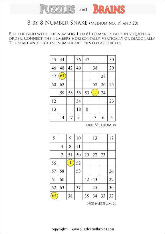 printable medium 8 by 8 hidato number snake puzzles for young and old