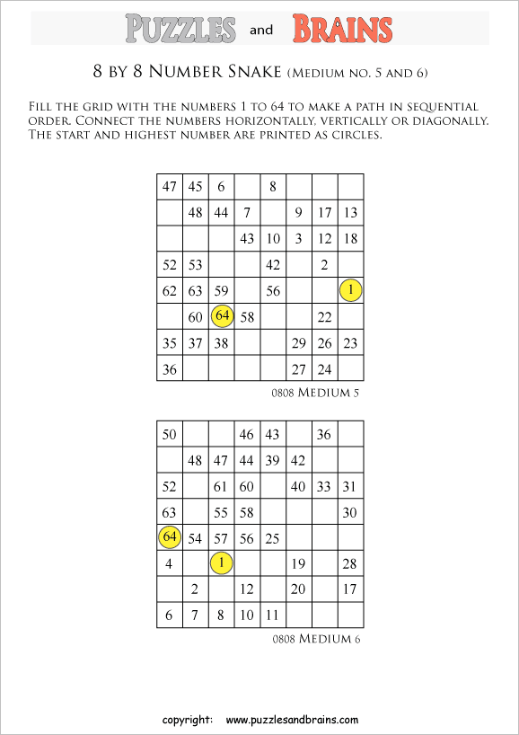 printable medium 8 by 8 hidato number snake puzzles for