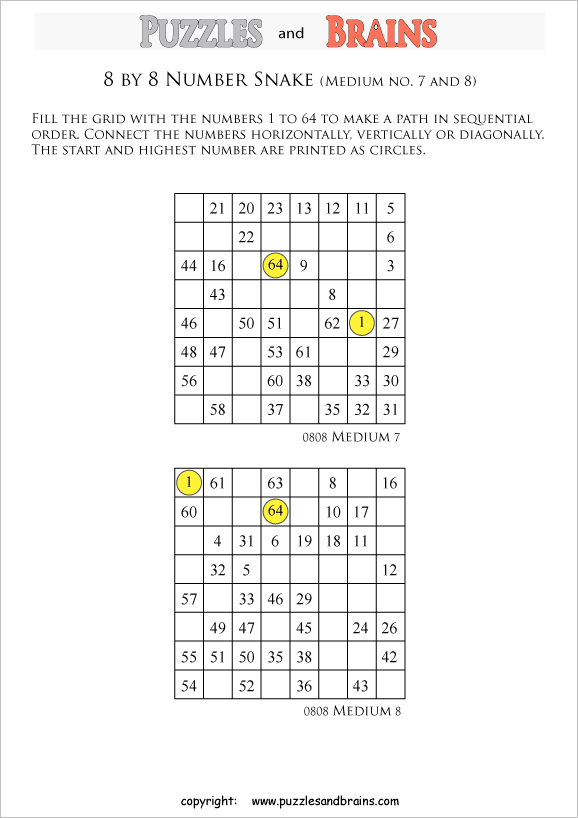 printable medium 8 by 8 hidato number snake puzzles for young and old