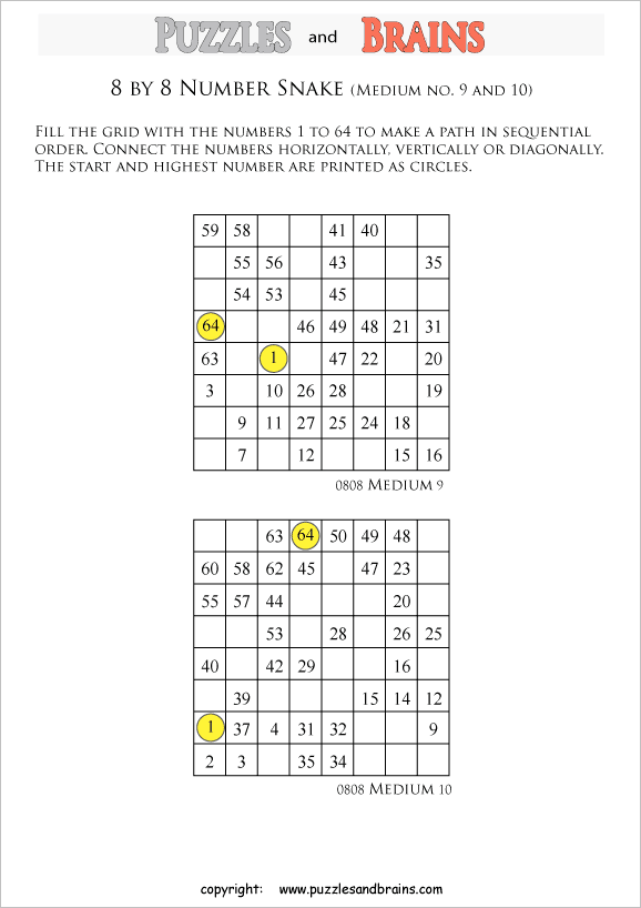 printable medium 8 by 8 hidato number snake puzzles for